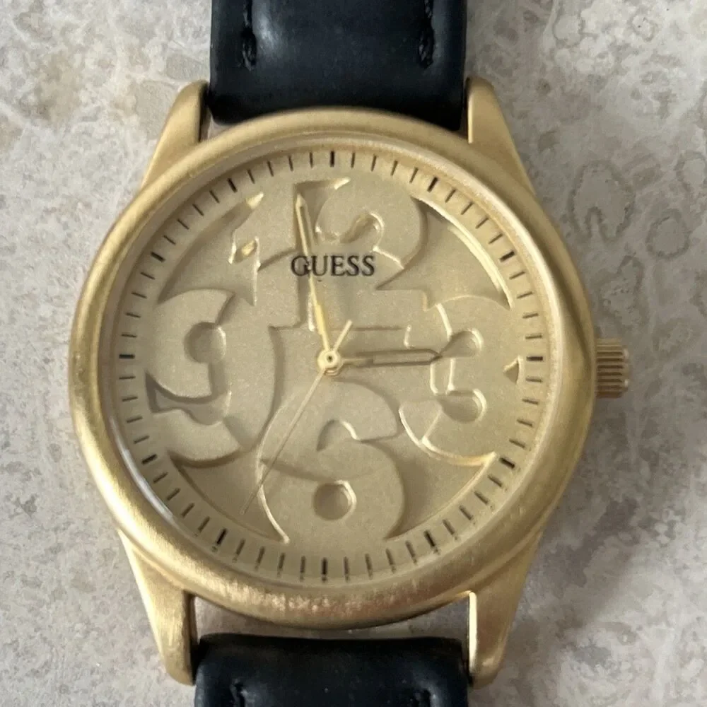 Vintage Guess Watch Gold 3D Numbers Womens New Battery Runs